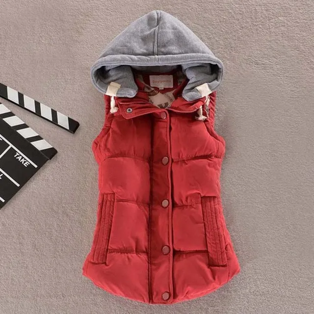 1PC Hooded Vest Women Autumn Winter Cotton Padded Colete Feminino Veste Femme Gilet Waistcoat 8 Colors Z509