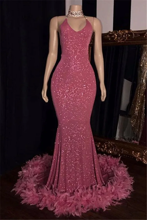 2025 Charming Mermaid Prom Dresses Hot Pink Sequence With Feathers Halter Backless