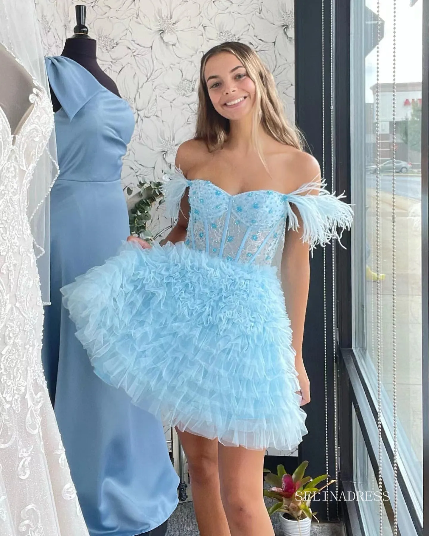 A-line Baby Blue Ruffles Homecoming Dresses 2022 Off-the-shoulder Graduation Dresses #TKL003