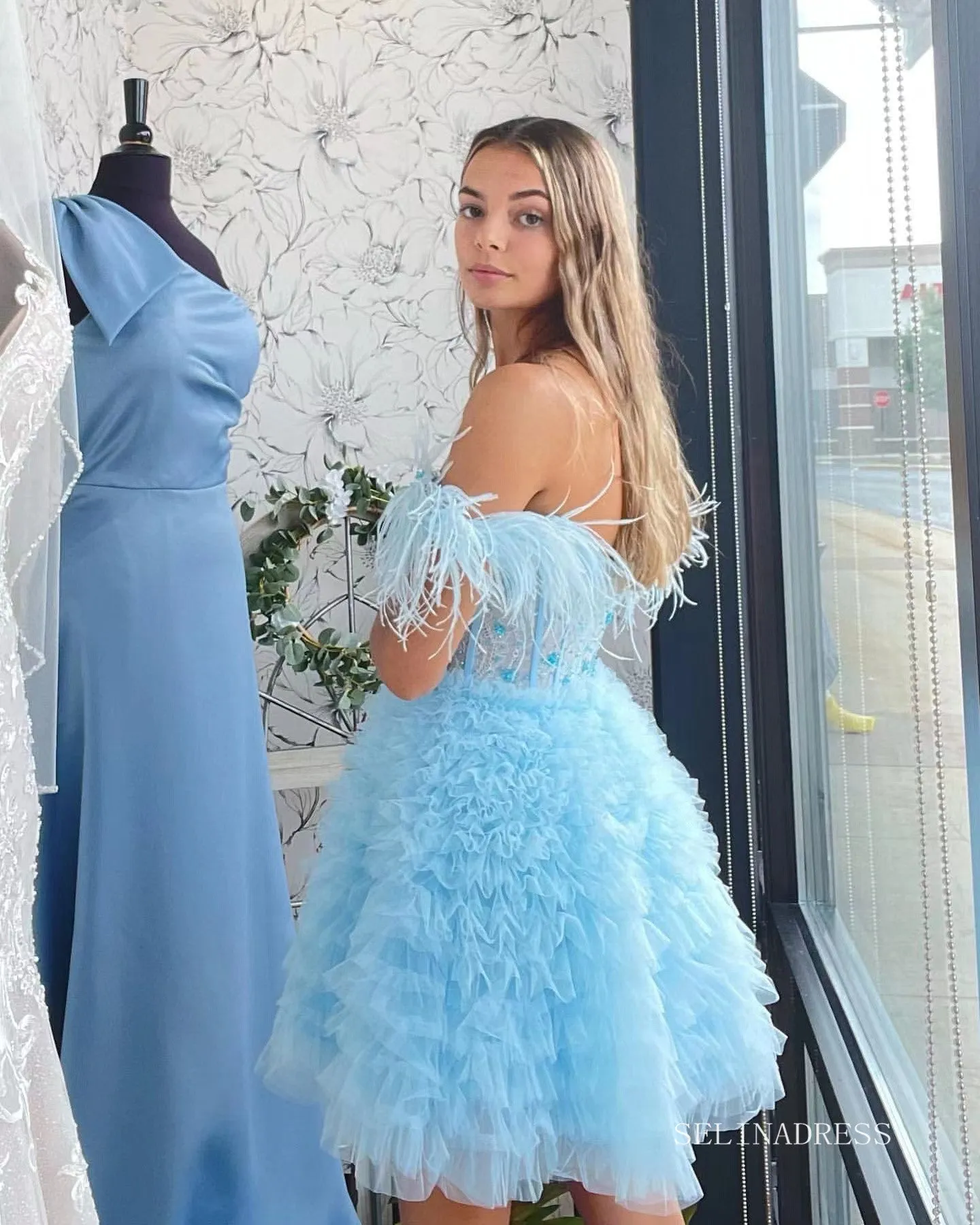 A-line Baby Blue Ruffles Homecoming Dresses 2022 Off-the-shoulder Graduation Dresses #TKL003