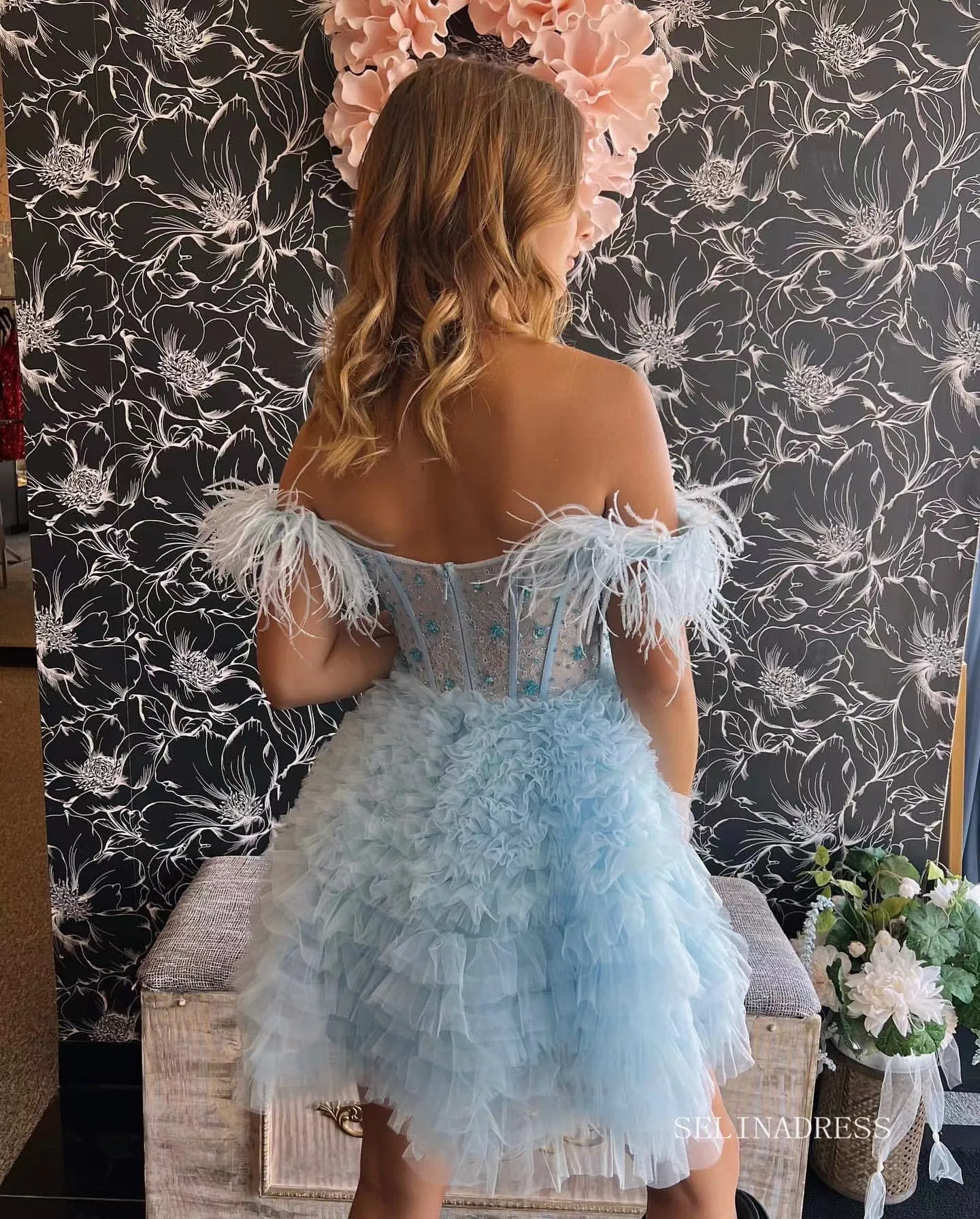 A-line Baby Blue Ruffles Homecoming Dresses 2022 Off-the-shoulder Graduation Dresses #TKL003