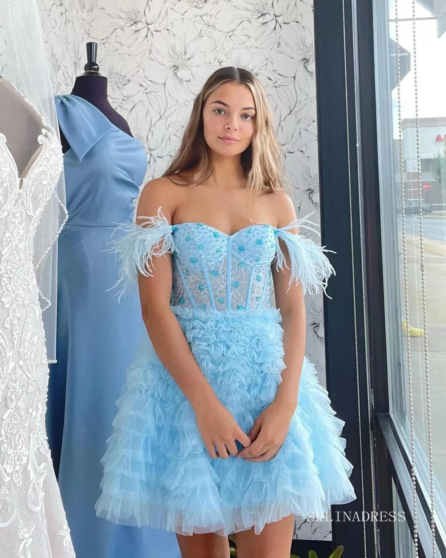 A-line Baby Blue Ruffles Homecoming Dresses 2022 Off-the-shoulder Graduation Dresses #TKL003