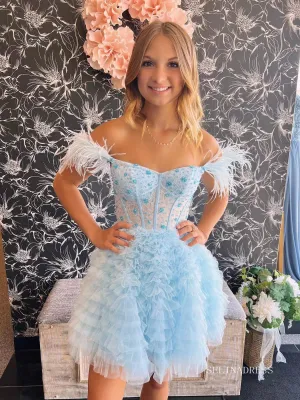 A-line Baby Blue Ruffles Homecoming Dresses 2022 Off-the-shoulder Graduation Dresses #TKL003