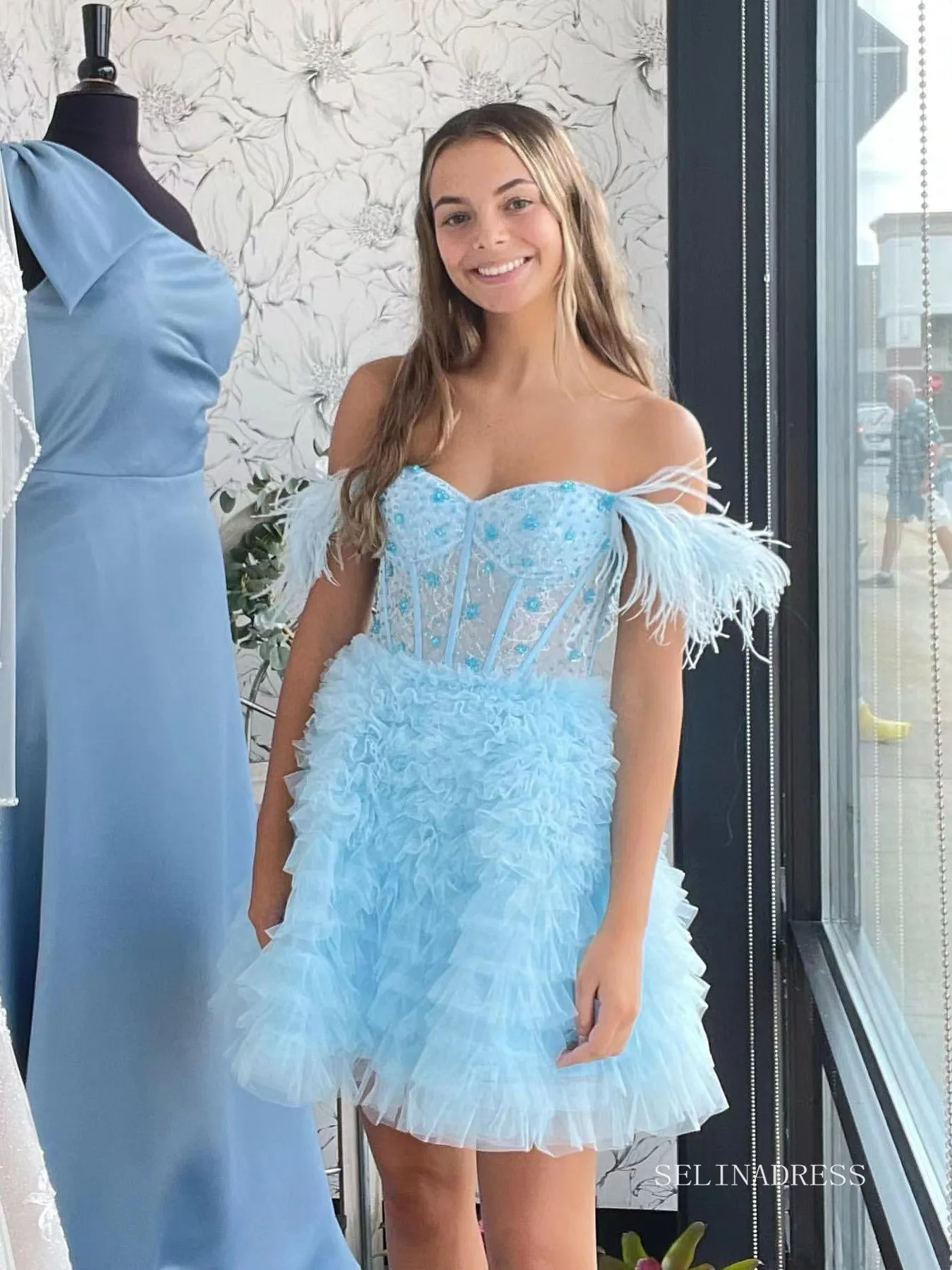 A-line Baby Blue Ruffles Homecoming Dresses 2022 Off-the-shoulder Graduation Dresses #TKL003