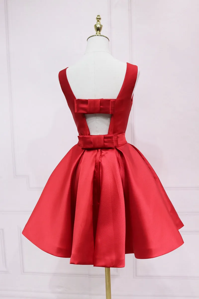 A-line Bateau Black Homecoming Dress With Bow Satin Short Prom Dresses EDS033