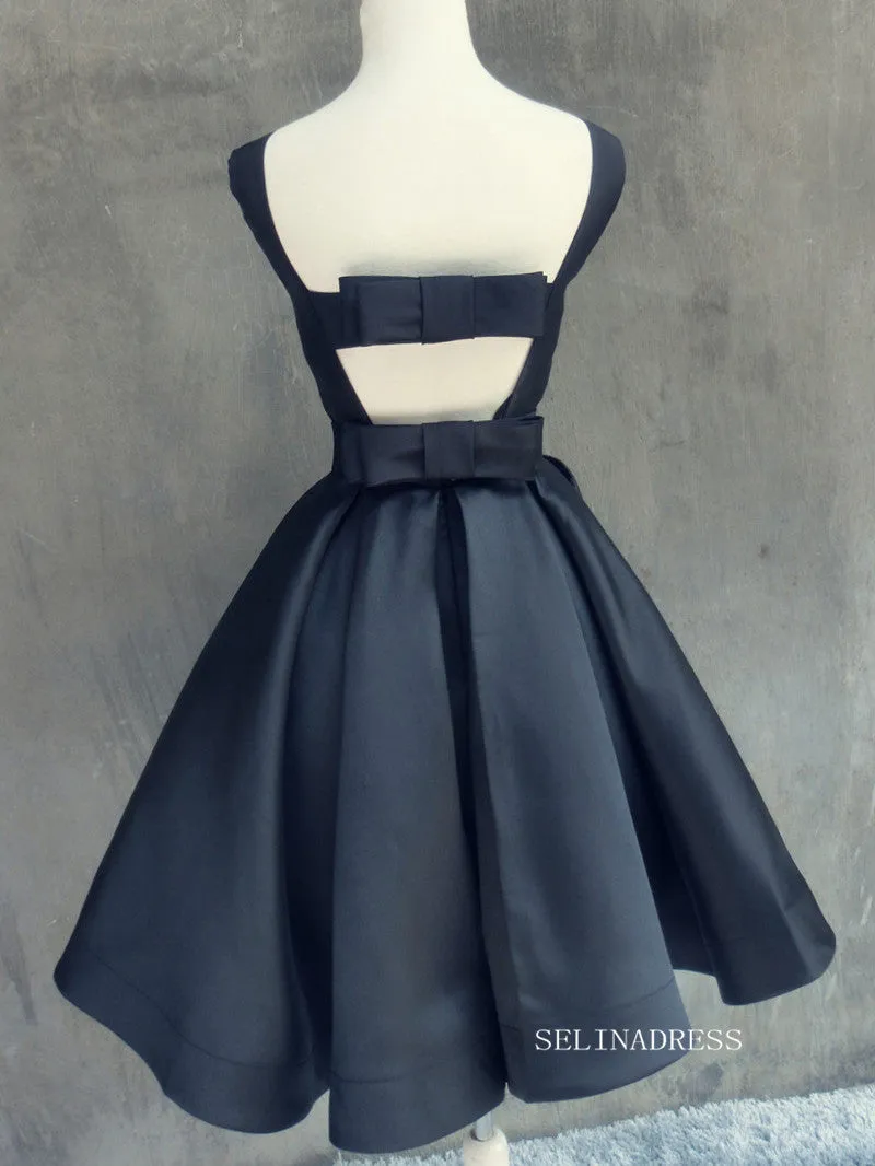 A-line Bateau Black Homecoming Dress With Bow Satin Short Prom Dresses EDS033