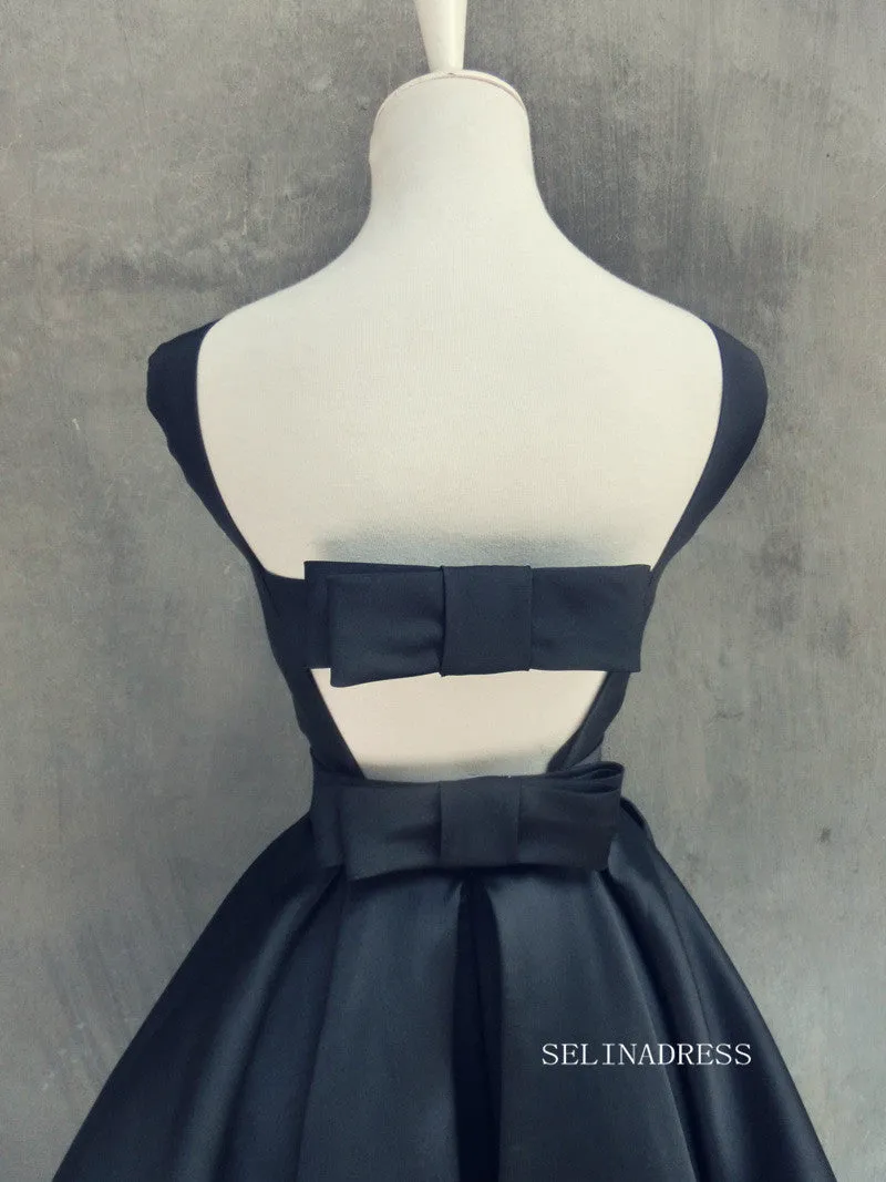 A-line Bateau Black Homecoming Dress With Bow Satin Short Prom Dresses EDS033