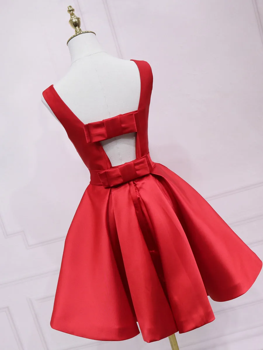 A-line Bateau Black Homecoming Dress With Bow Satin Short Prom Dresses EDS033