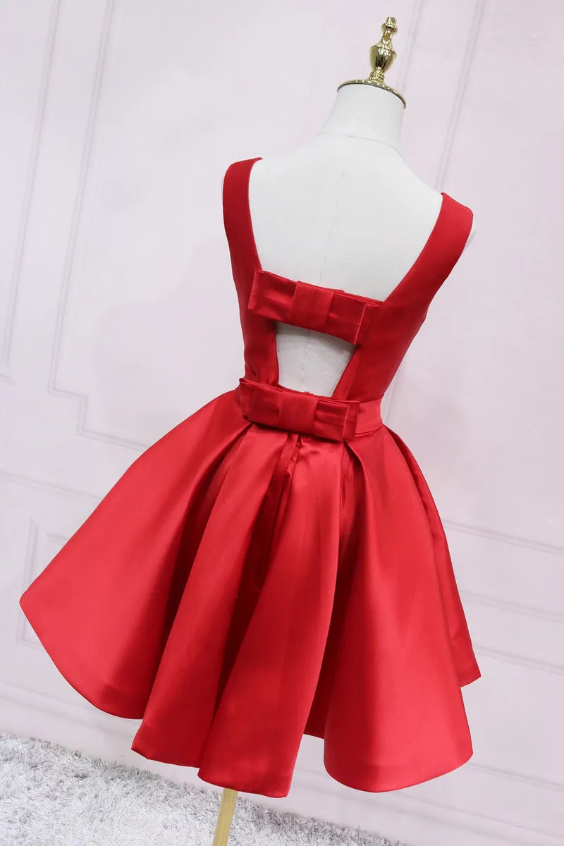 A-line Bateau Black Homecoming Dress With Bow Satin Short Prom Dresses EDS033