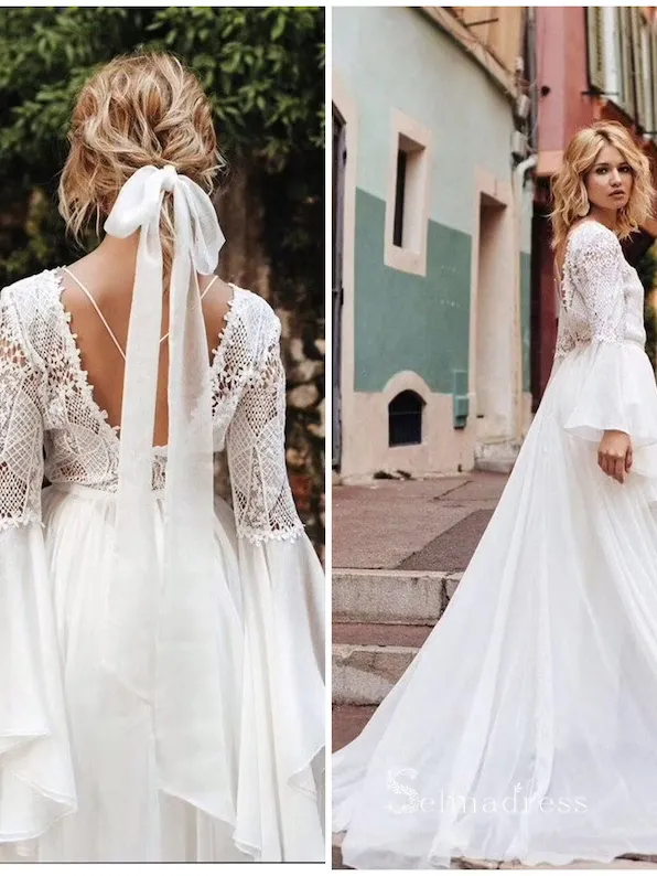 A-line Bateau Long Sleeve Rustic Wedding Dresses Lace Boho Lace Bridal Gowns MHL2802