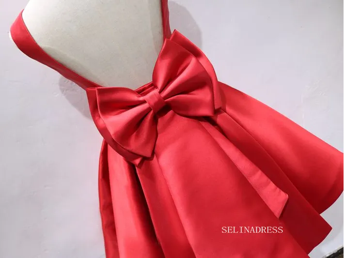 A-line Bateau Red Short Homecoming Dress Bowknot Satin Short Prom Dresses EDS038