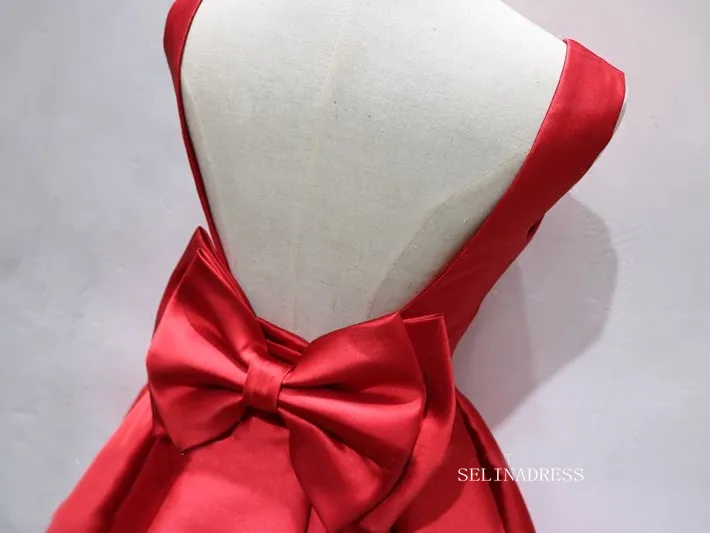 A-line Bateau Red Short Homecoming Dress Bowknot Satin Short Prom Dresses EDS038