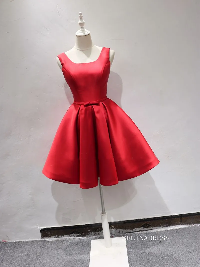 A-line Bateau Red Short Homecoming Dress Bowknot Satin Short Prom Dresses EDS038