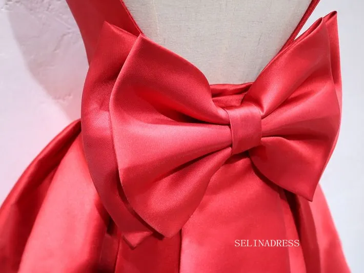 A-line Bateau Red Short Homecoming Dress Bowknot Satin Short Prom Dresses EDS038