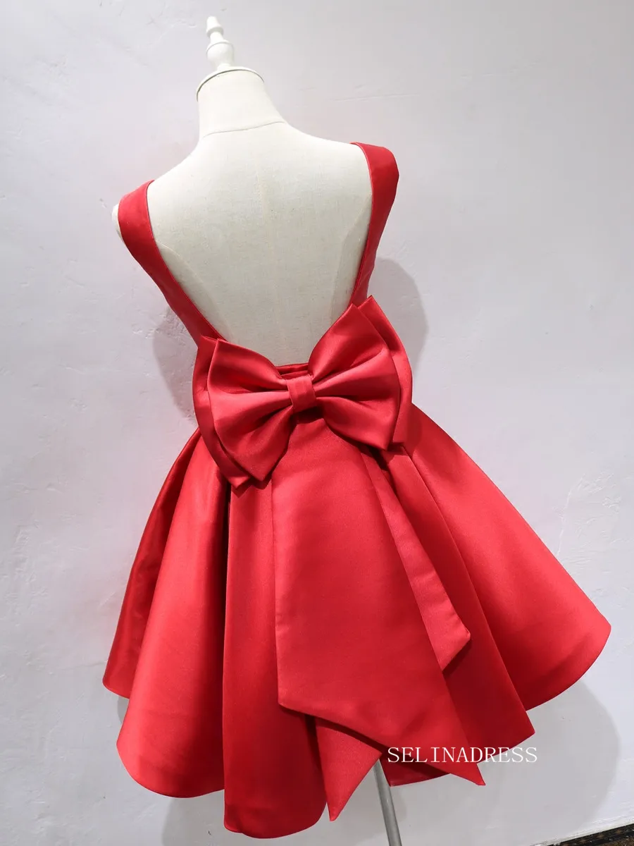 A-line Bateau Red Short Homecoming Dress Bowknot Satin Short Prom Dresses EDS038