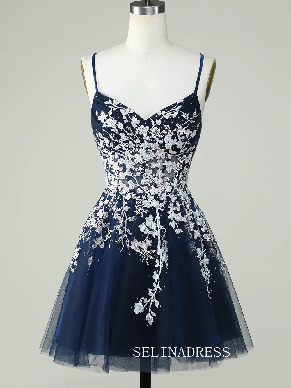 A-line Dusty Sage Homecoming Dresses Hoco Dress Spaghetti Straps Applique Cocktail Dress #TKL2356