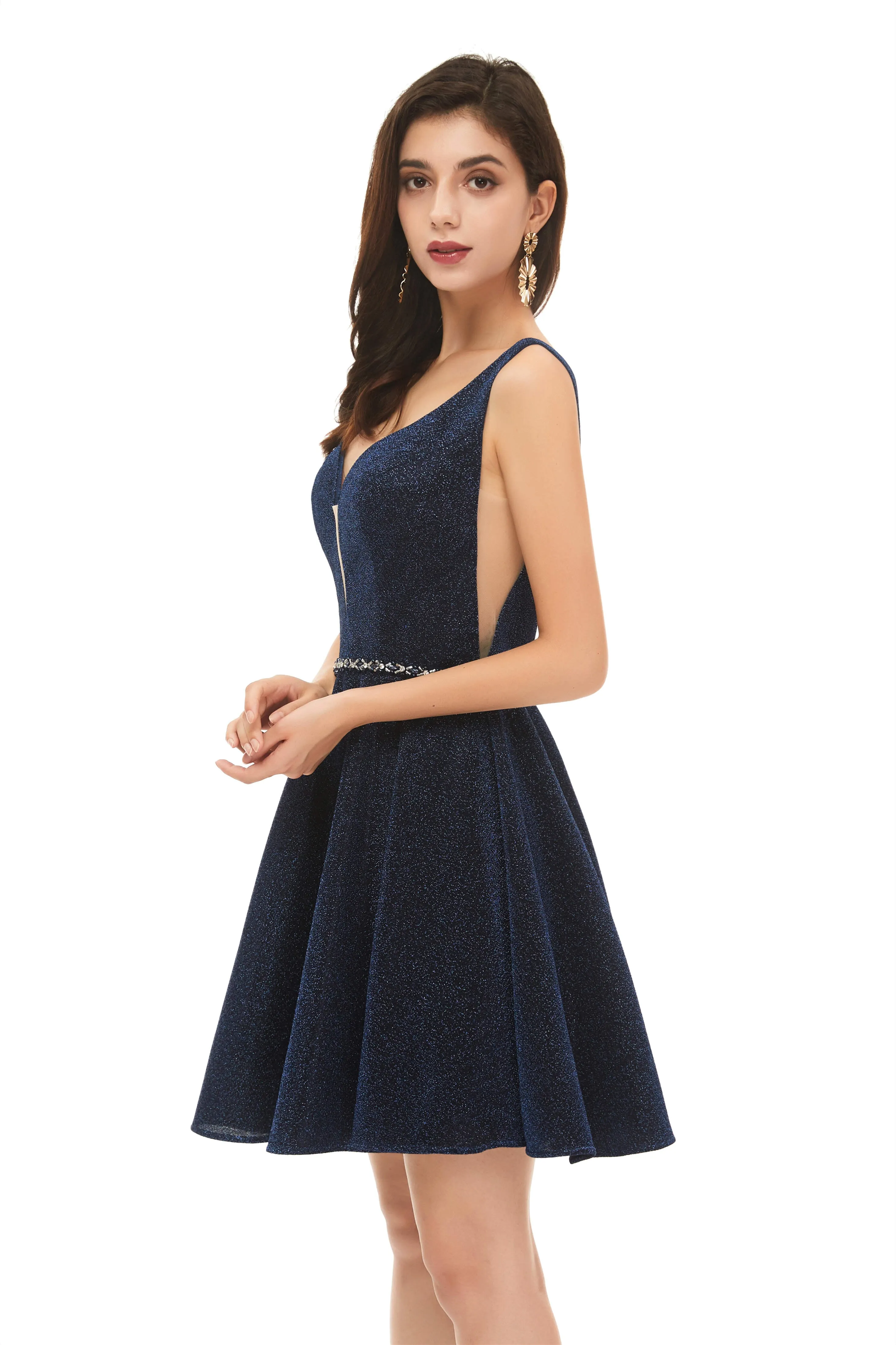 A-Line Navy Blue V-neck Mini Short Beading Homecoming Dresses k08