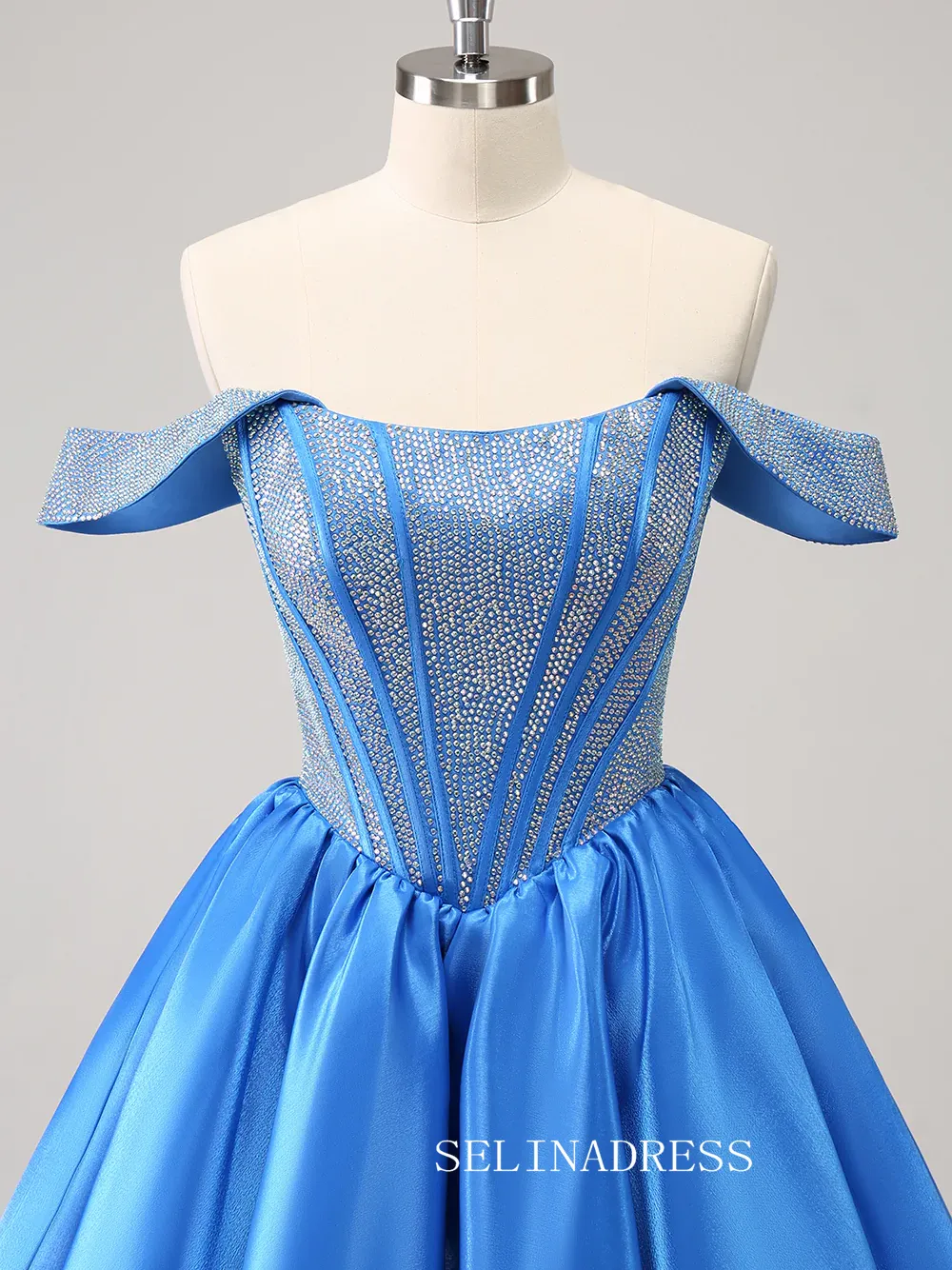 A-line Off-the-shoulder Blue Homecoming Dresses Beaded Hoco Dress Cocktail Dress #TKL2354