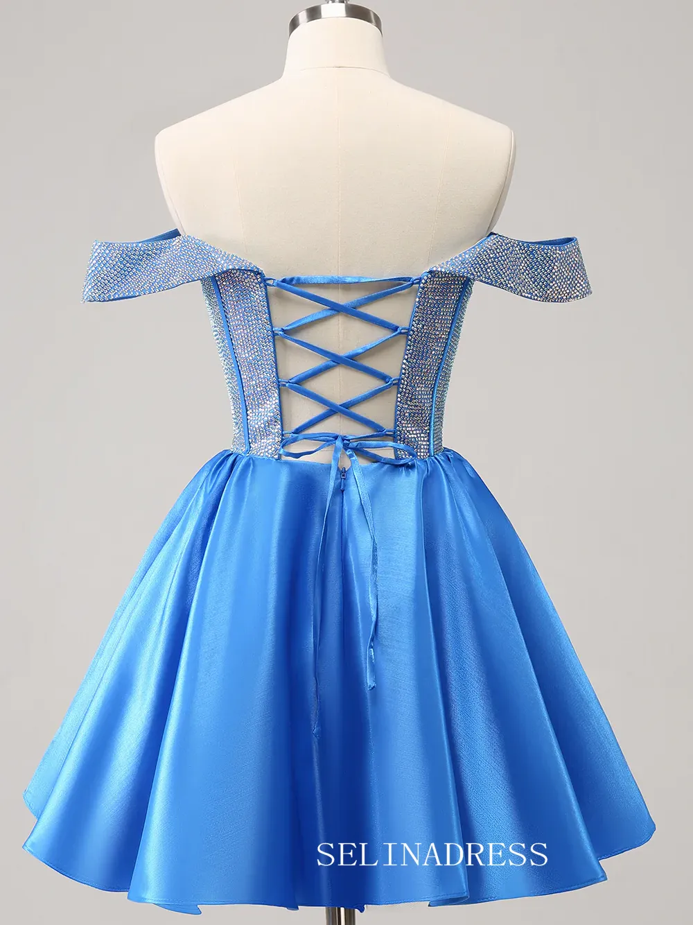 A-line Off-the-shoulder Blue Homecoming Dresses Beaded Hoco Dress Cocktail Dress #TKL2354