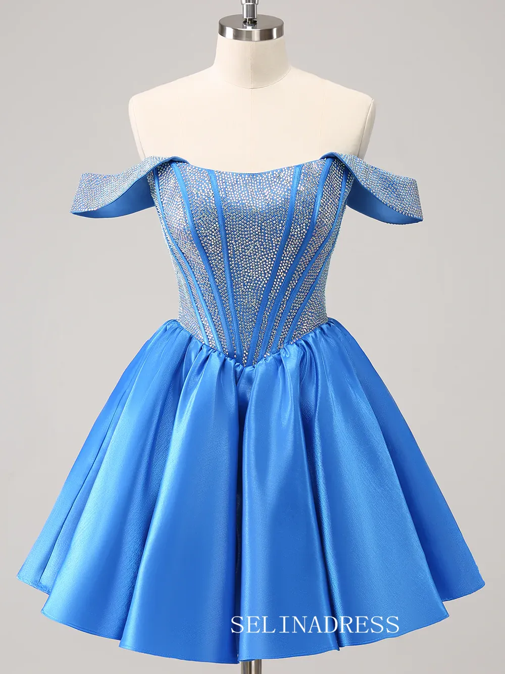 A-line Off-the-shoulder Blue Homecoming Dresses Beaded Hoco Dress Cocktail Dress #TKL2354