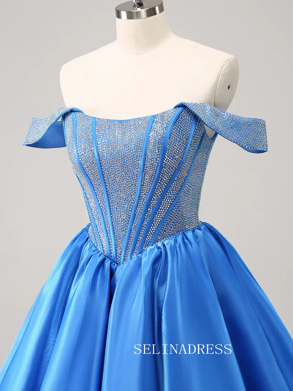 A-line Off-the-shoulder Blue Homecoming Dresses Beaded Hoco Dress Cocktail Dress #TKL2354