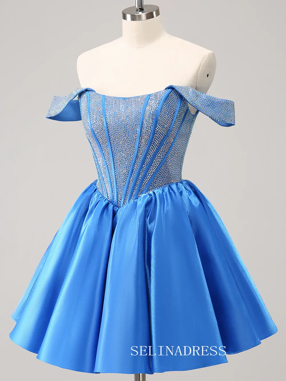 A-line Off-the-shoulder Blue Homecoming Dresses Beaded Hoco Dress Cocktail Dress #TKL2354