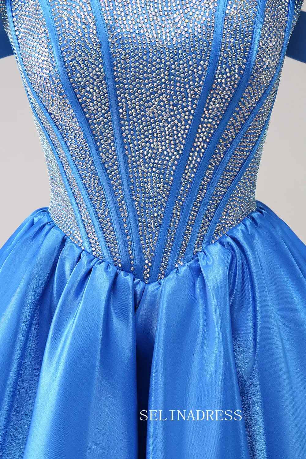 A-line Off-the-shoulder Blue Homecoming Dresses Beaded Hoco Dress Cocktail Dress #TKL2354