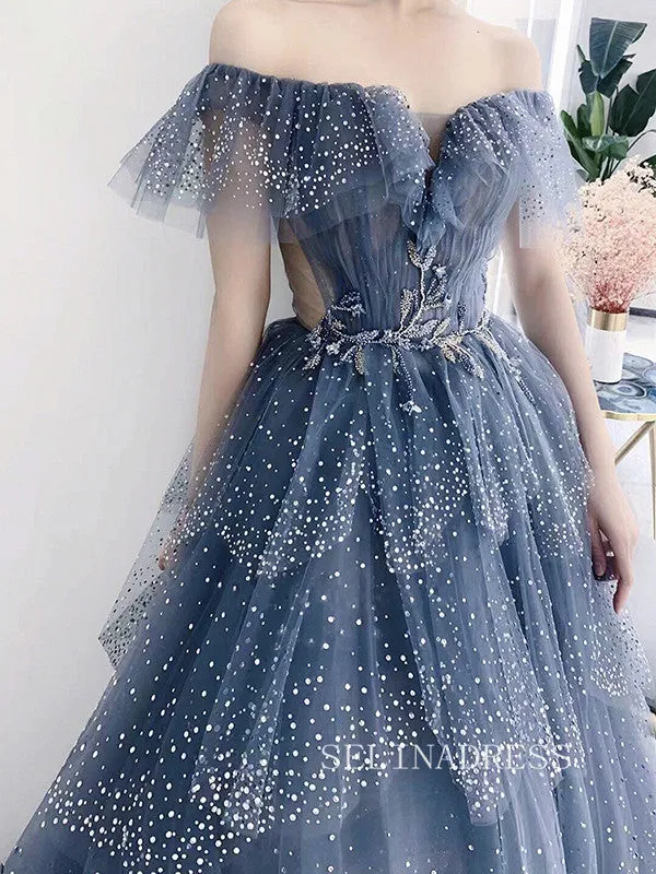 A-line Off-the-shoulder Blue Prom Dress Long Sparkly Evening Formal Gown hlks010