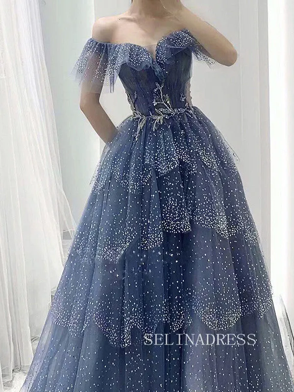 A-line Off-the-shoulder Blue Prom Dress Long Sparkly Evening Formal Gown hlks010