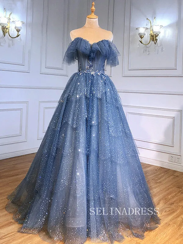 A-line Off-the-shoulder Blue Prom Dress Long Sparkly Evening Formal Gown hlks010