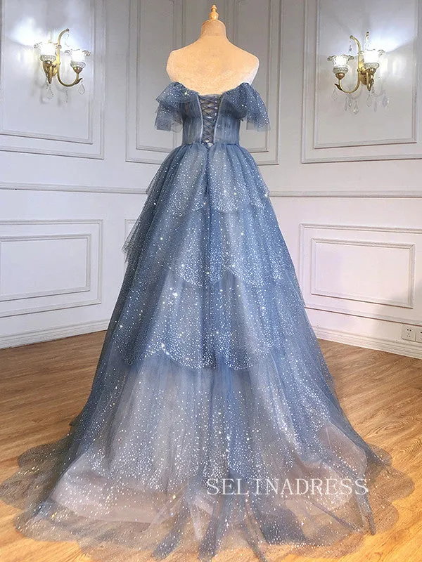 A-line Off-the-shoulder Blue Prom Dress Long Sparkly Evening Formal Gown hlks010