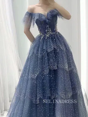 A-line Off-the-shoulder Blue Prom Dress Long Sparkly Evening Formal Gown hlks010