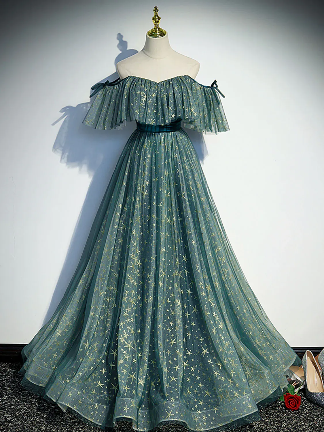 A-line Off-the-shoulder Green Long Prom Dress Unique Evening Dresses RYU039