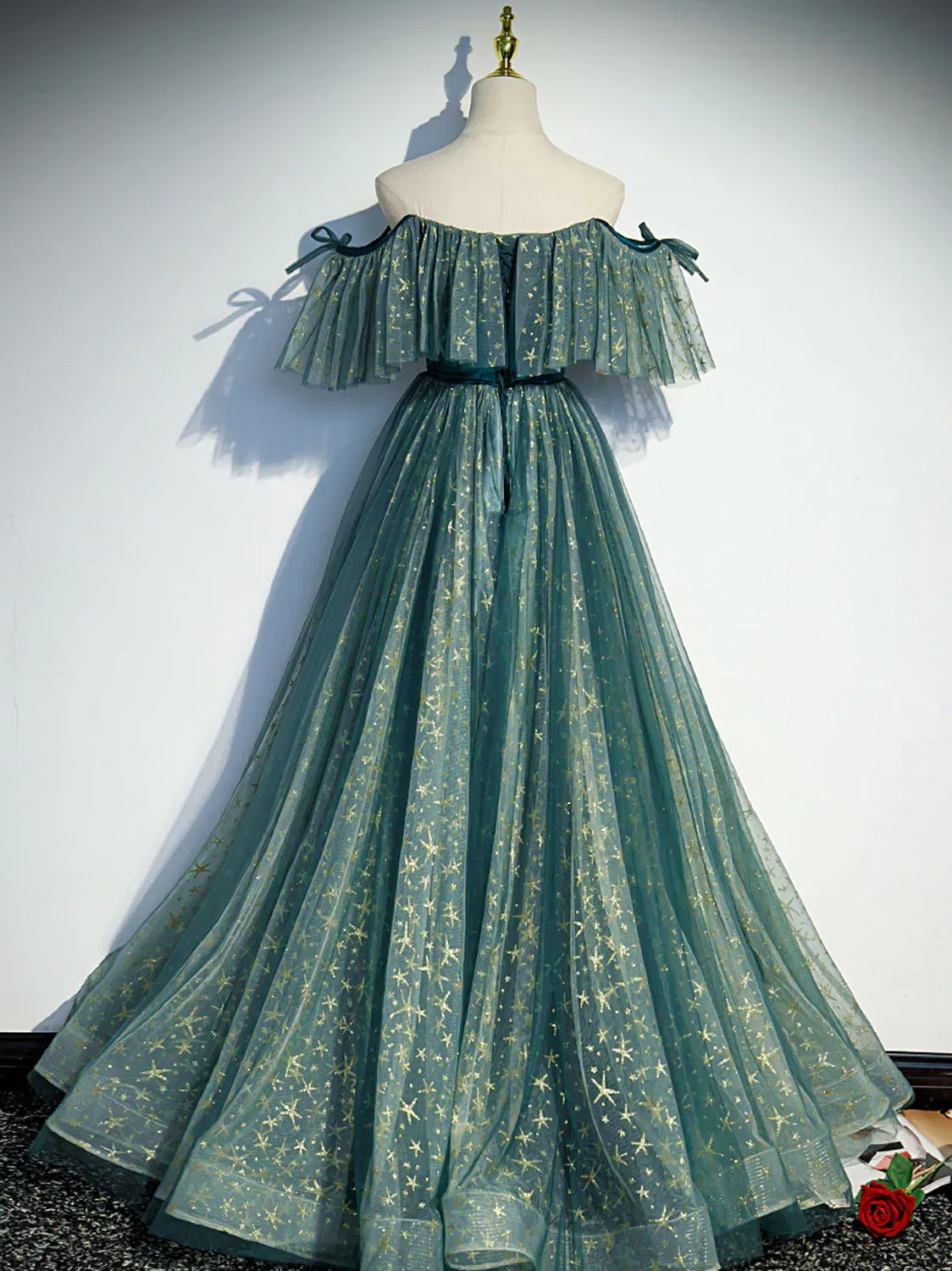 A-line Off-the-shoulder Green Long Prom Dress Unique Evening Dresses RYU039