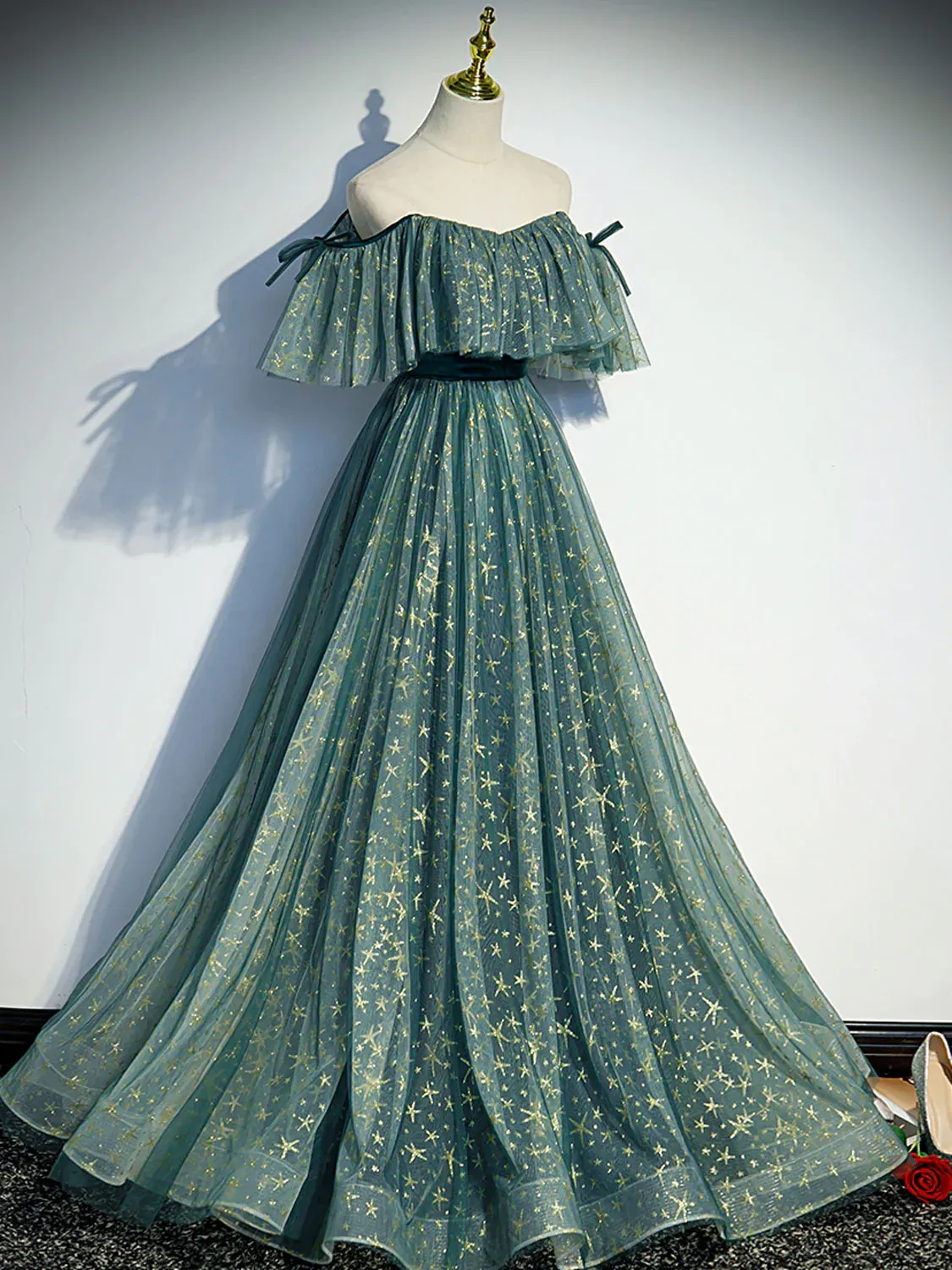 A-line Off-the-shoulder Green Long Prom Dress Unique Evening Dresses RYU039