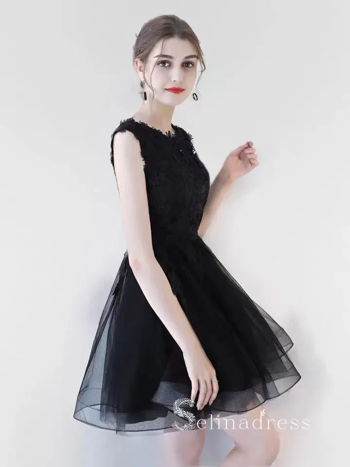 A-line Off-the-shoulder Little Black Lace Short Prom Dress Homecoming Dresses #MHL132