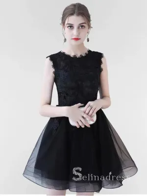 A-line Off-the-shoulder Little Black Lace Short Prom Dress Homecoming Dresses #MHL132