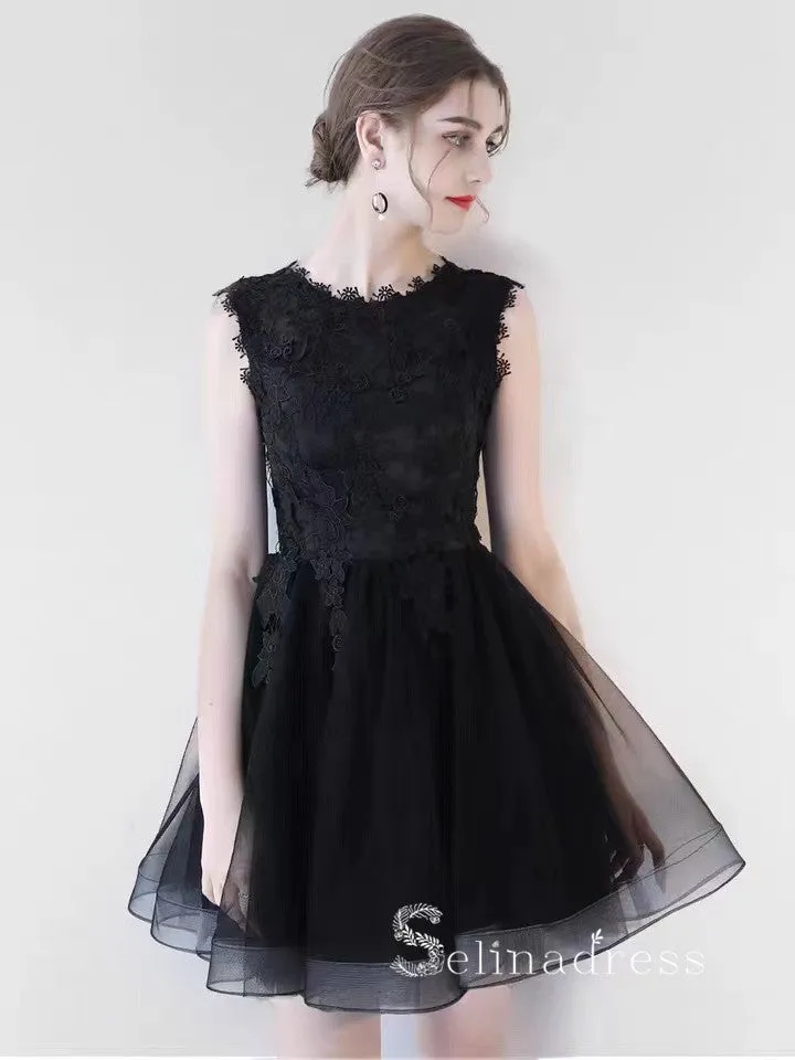 A-line Off-the-shoulder Little Black Lace Short Prom Dress Homecoming Dresses #MHL132