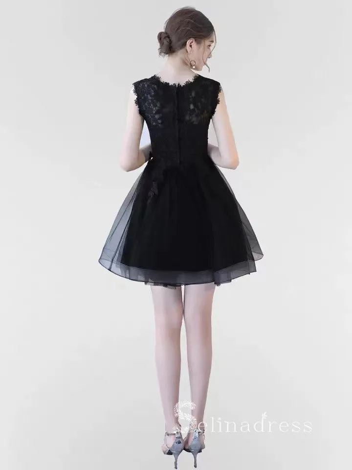 A-line Off-the-shoulder Little Black Lace Short Prom Dress Homecoming Dresses #MHL132