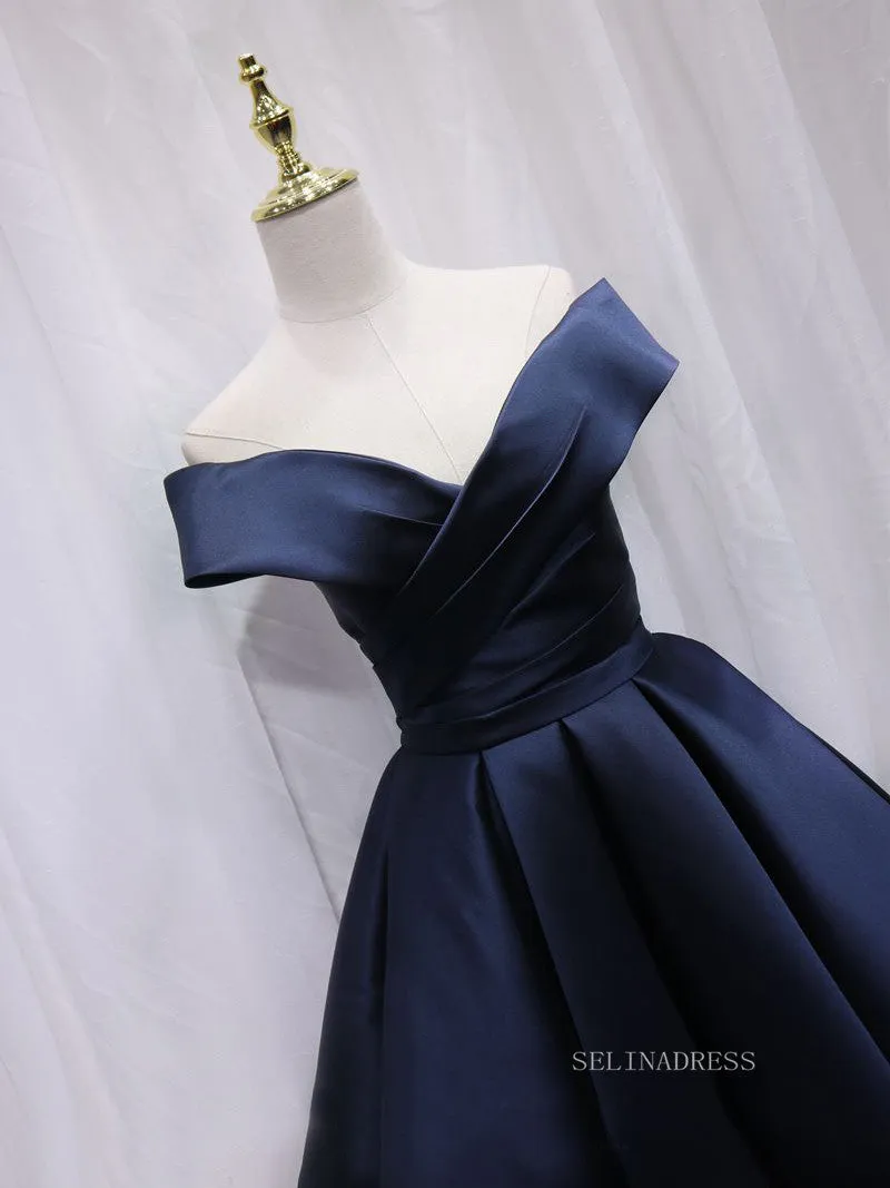 A-line Off-the-shoulder Navy Blue Cute Homecoming Dress Short Prom Dresses EDS026