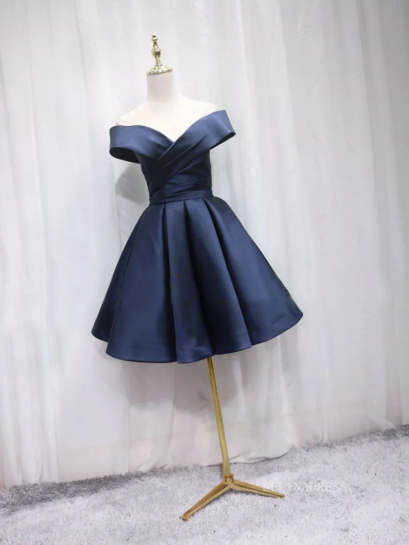 A-line Off-the-shoulder Navy Blue Cute Homecoming Dress Short Prom Dresses EDS026