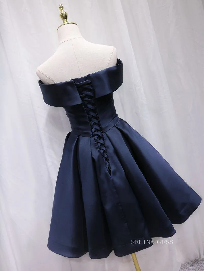 A-line Off-the-shoulder Navy Blue Cute Homecoming Dress Short Prom Dresses EDS026