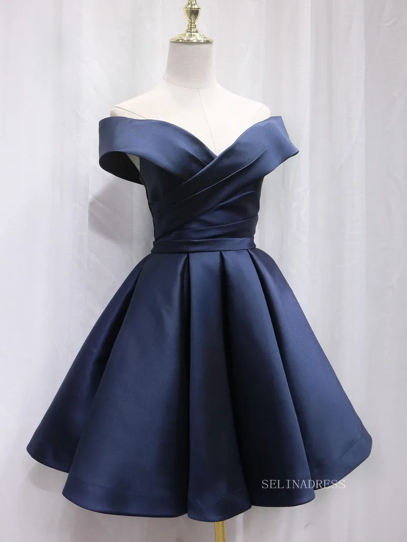 A-line Off-the-shoulder Navy Blue Cute Homecoming Dress Short Prom Dresses EDS026