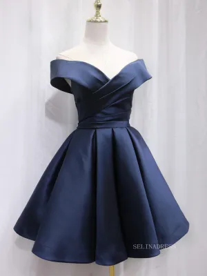 A-line Off-the-shoulder Navy Blue Cute Homecoming Dress Short Prom Dresses EDS026