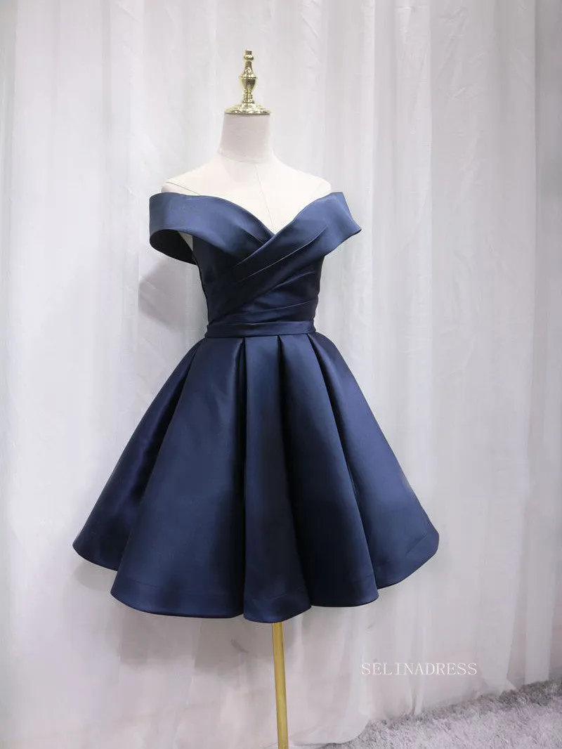 A-line Off-the-shoulder Navy Blue Cute Homecoming Dress Short Prom Dresses EDS026