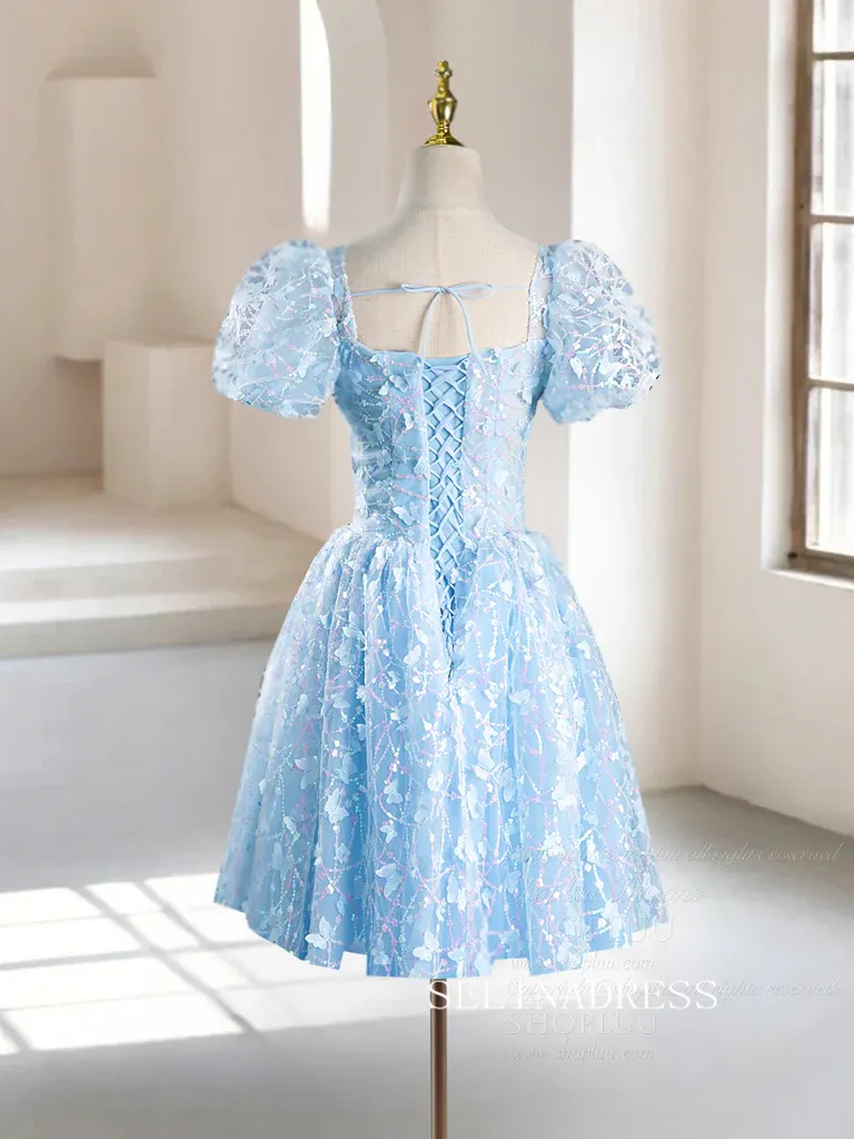 A-Line Puff Sleeves Lace Blue Short Prom Dress Tulle Homecoming Dress #TKL2114