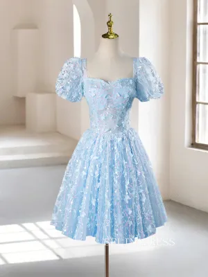 A-Line Puff Sleeves Lace Blue Short Prom Dress Tulle Homecoming Dress #TKL2114