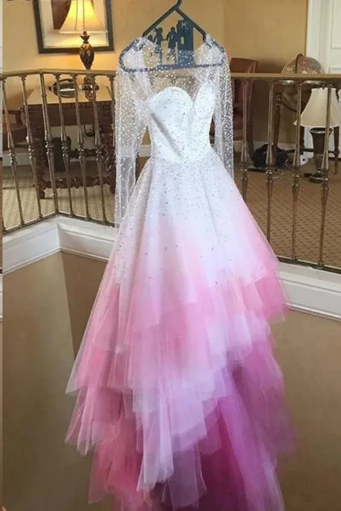 A-line Scoop Beautiful Long Sleeve Wedding Dresses Ombre Pink Bridal Dresses JKW215