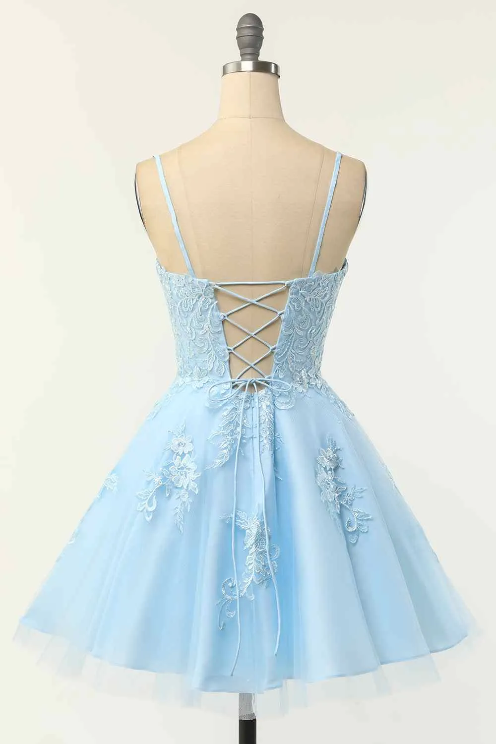 A-line Spaghetti Straps Appliqued Short Prom Dress Light Sky Blue Homecoming Dress kts077