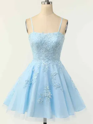 A-line Spaghetti Straps Appliqued Short Prom Dress Light Sky Blue Homecoming Dress kts077